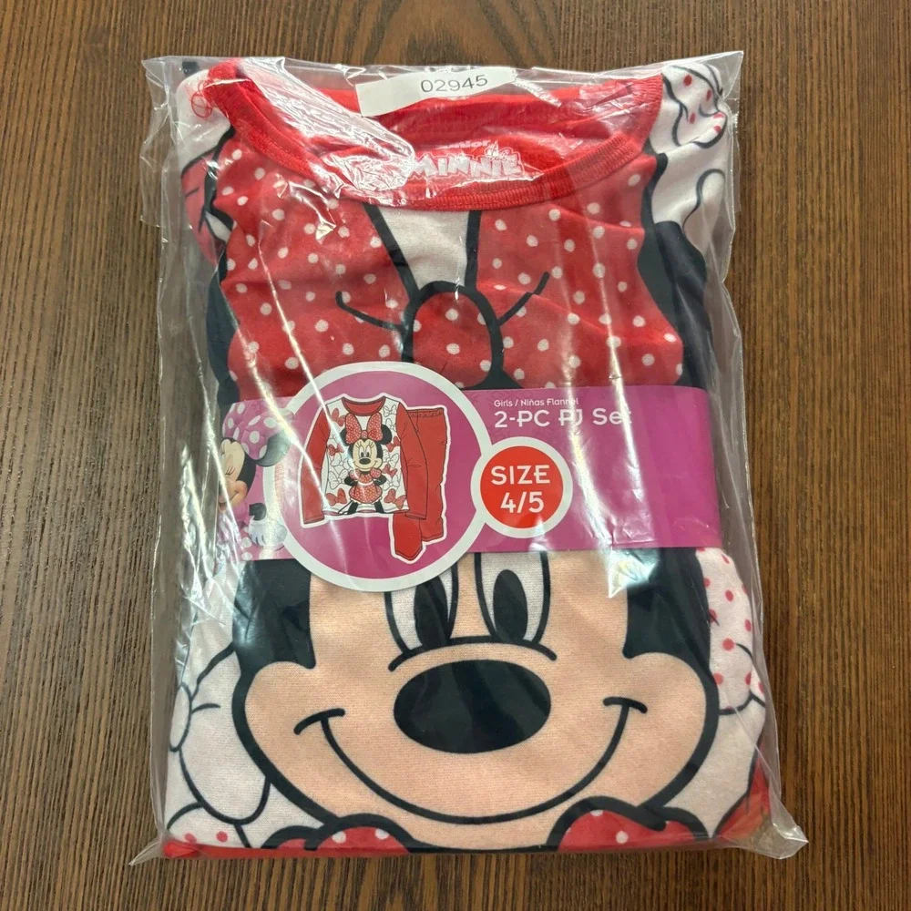 Disney Minnie Mouse Pajama Set Kids Girls 4/5 Red New Flannel‎ 2pc Sleepwear